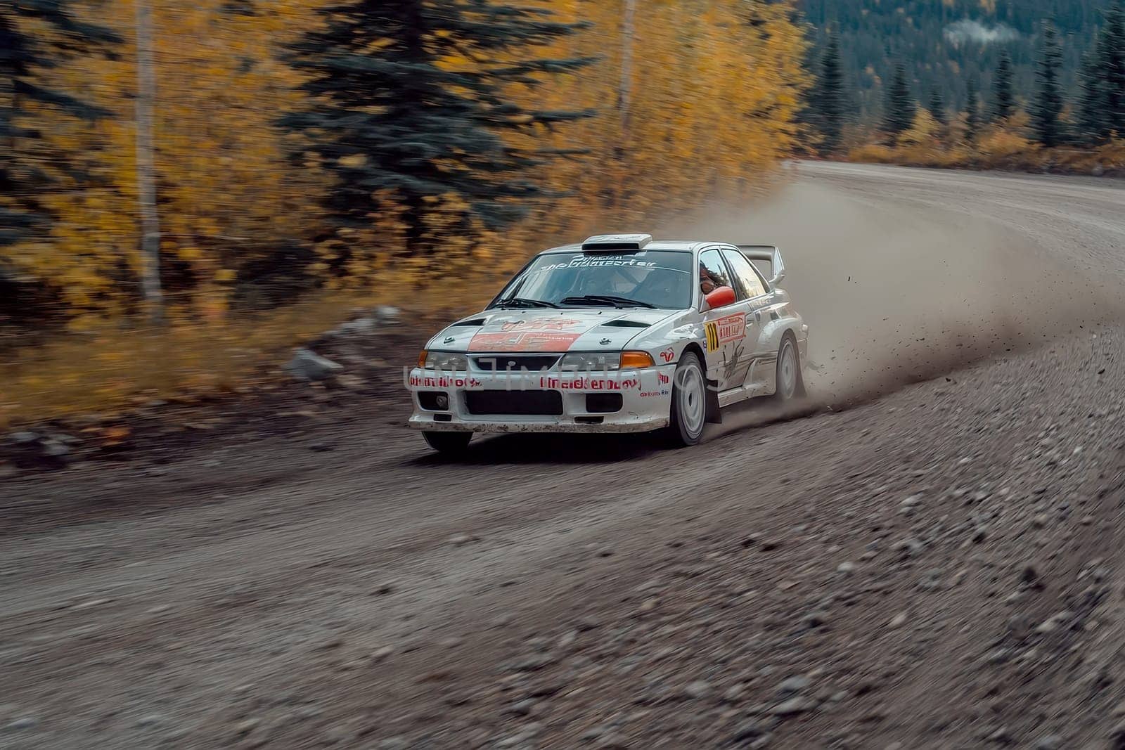 Rally car riding on high speed at the dirt track. Generative art..