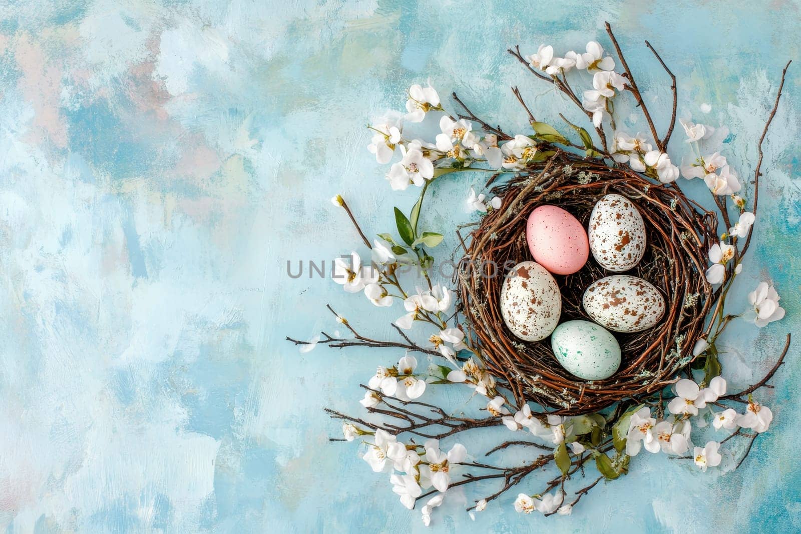 Colorful Easter eggs in basket on green grass, above view. Space for text.