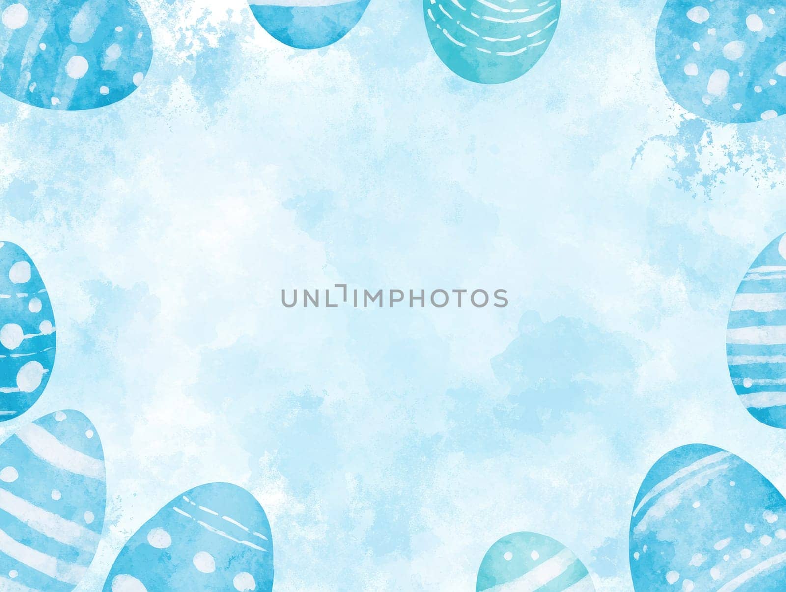 Light blue watercolor Easter background with decorative eggs for festive design.