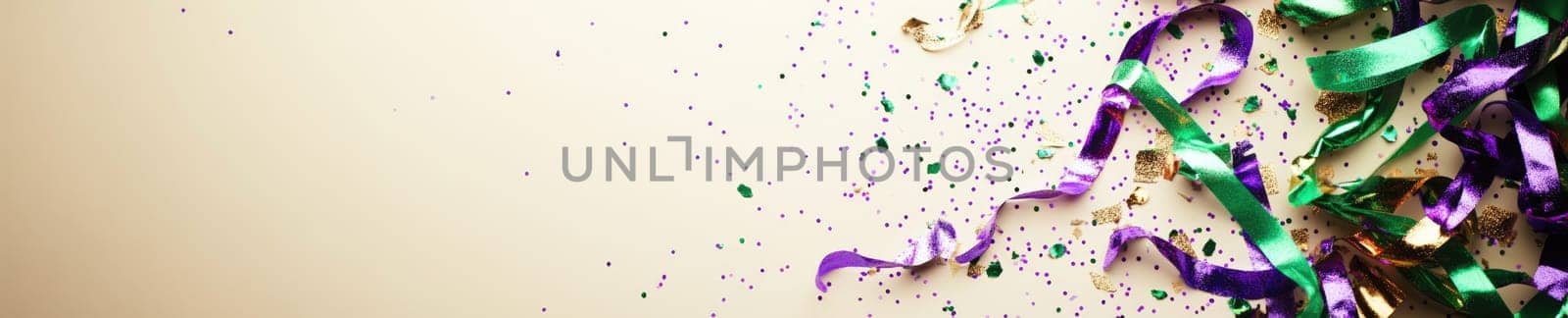 Festive celebration with green and purple ribbons on cream background for party decor.