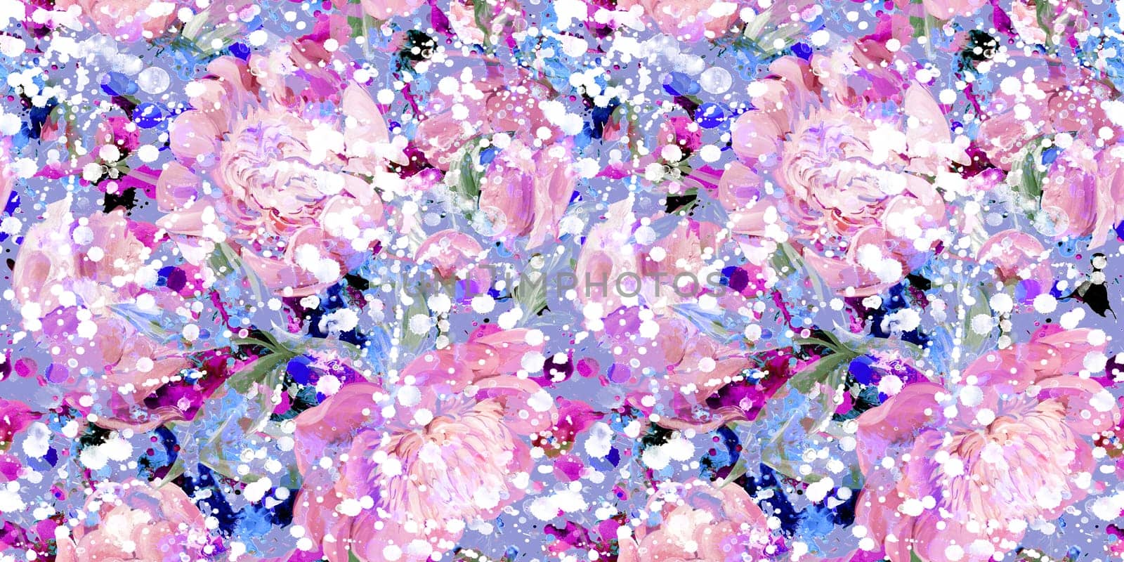 Botanical seamless pattern with peonies and sakura branches drawn in gouache for textile and design