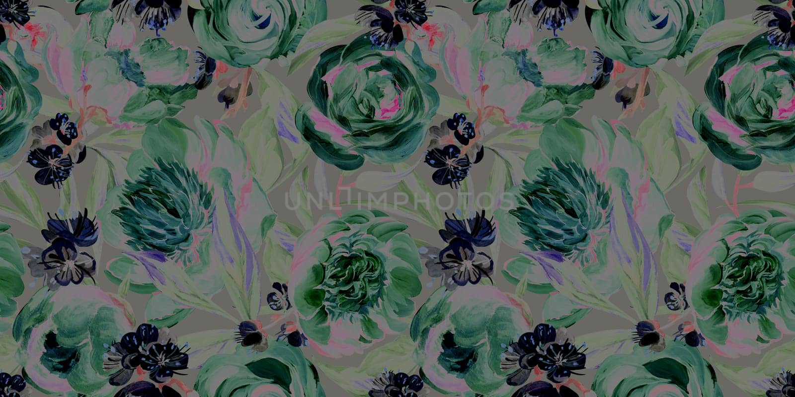 Seamless spring pattern drawn in gouache with dark peonies for trxtile