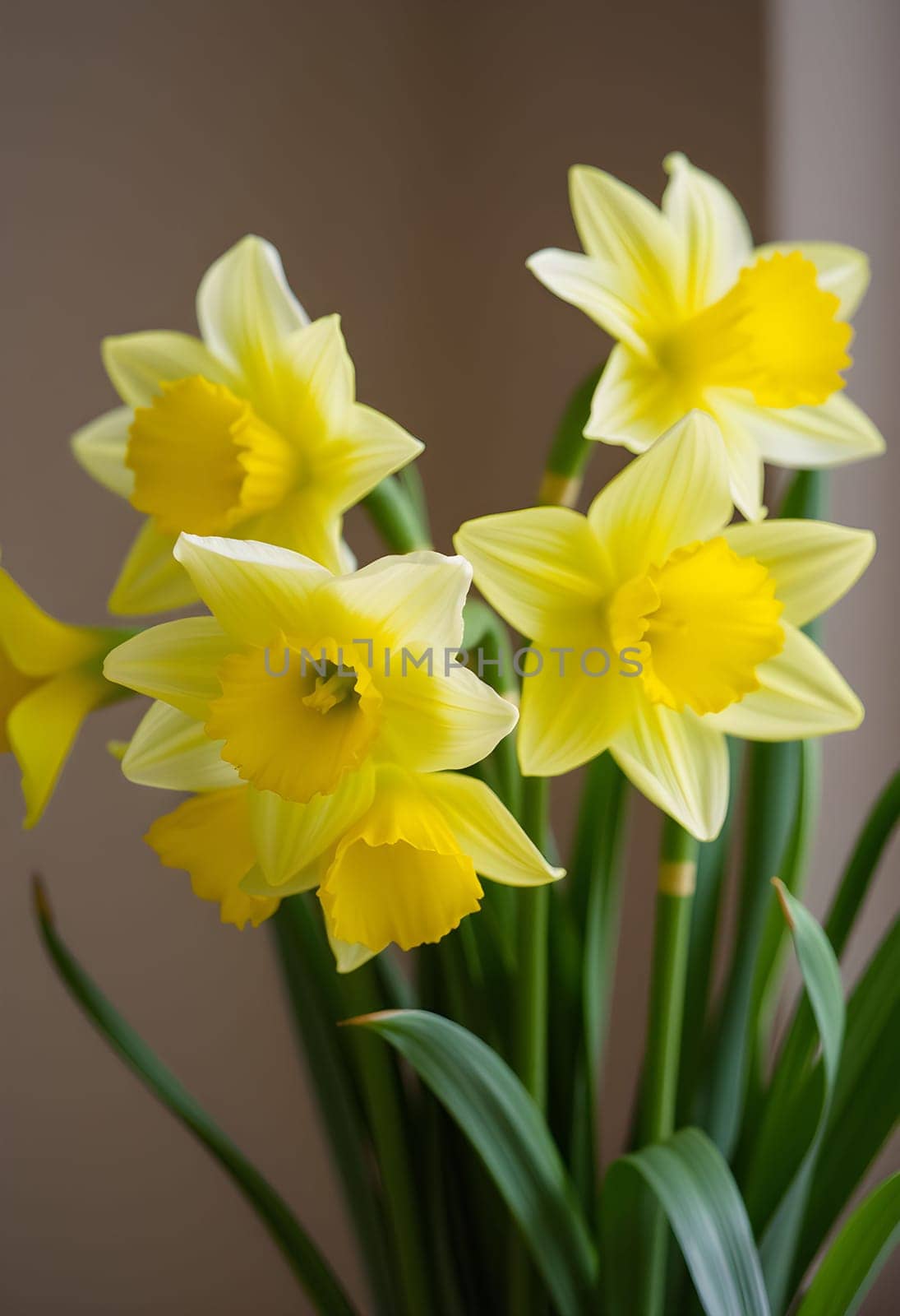flowers daffodils spring bouquet green nature flora Easter holiday women's day yellow white plants botanical garden species variety petals bud stamens. High quality 3d illustration generated ai alt