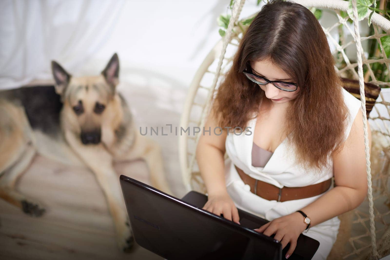 A woman types away on her laptop in a comfortable space while a German Shepherd rests close by, creating a warm atmosphere.