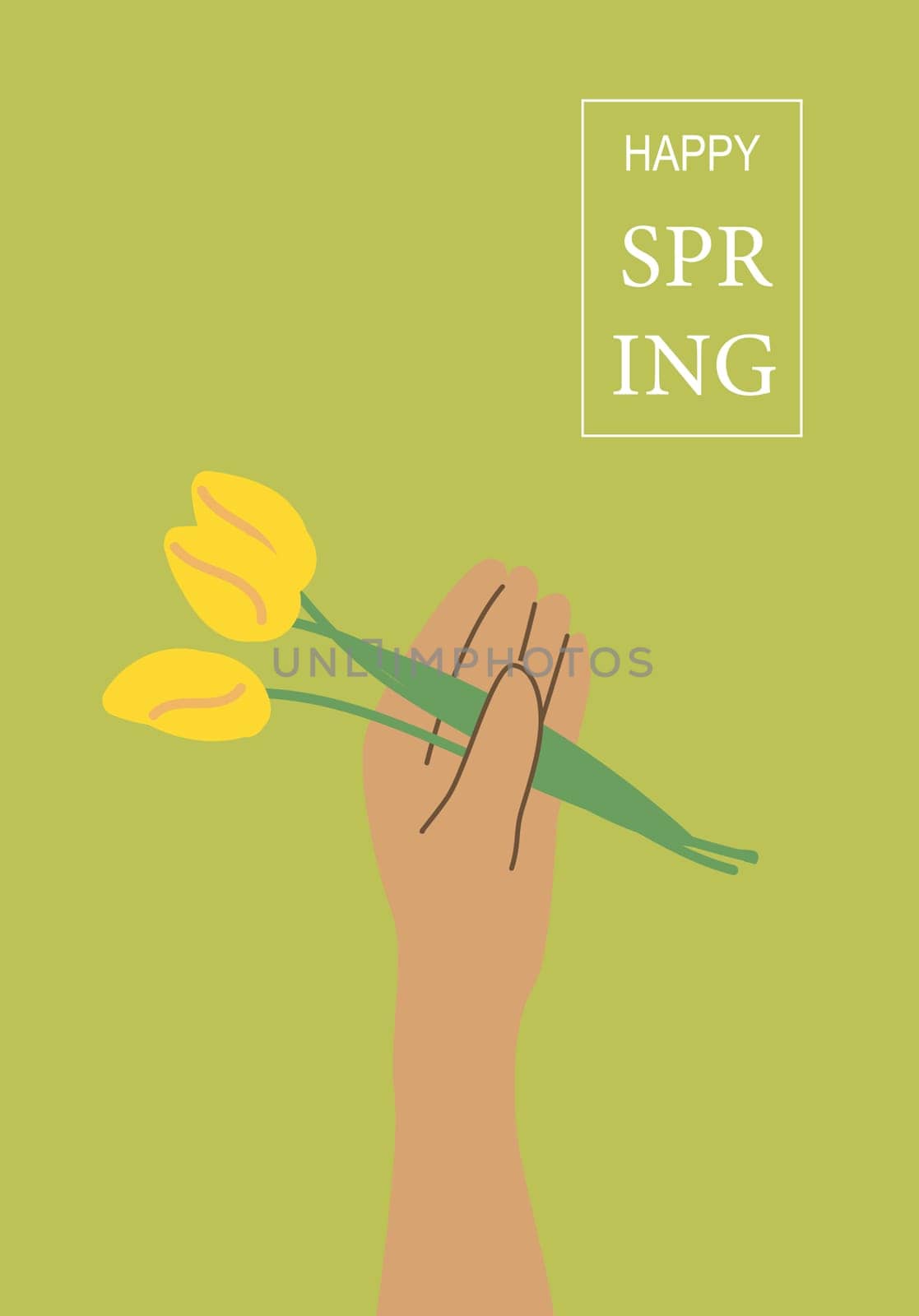 Illustrated hand holding yellow flowers celebrating happy spring on green background.