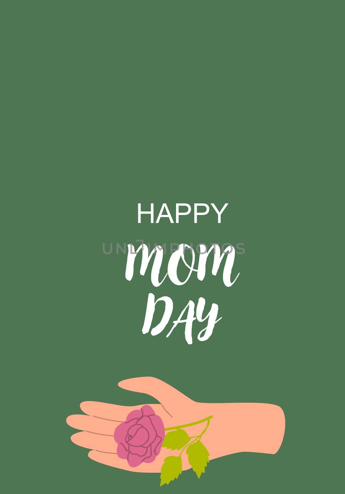 Happy mom day card with rose on open hand illustration against green background.