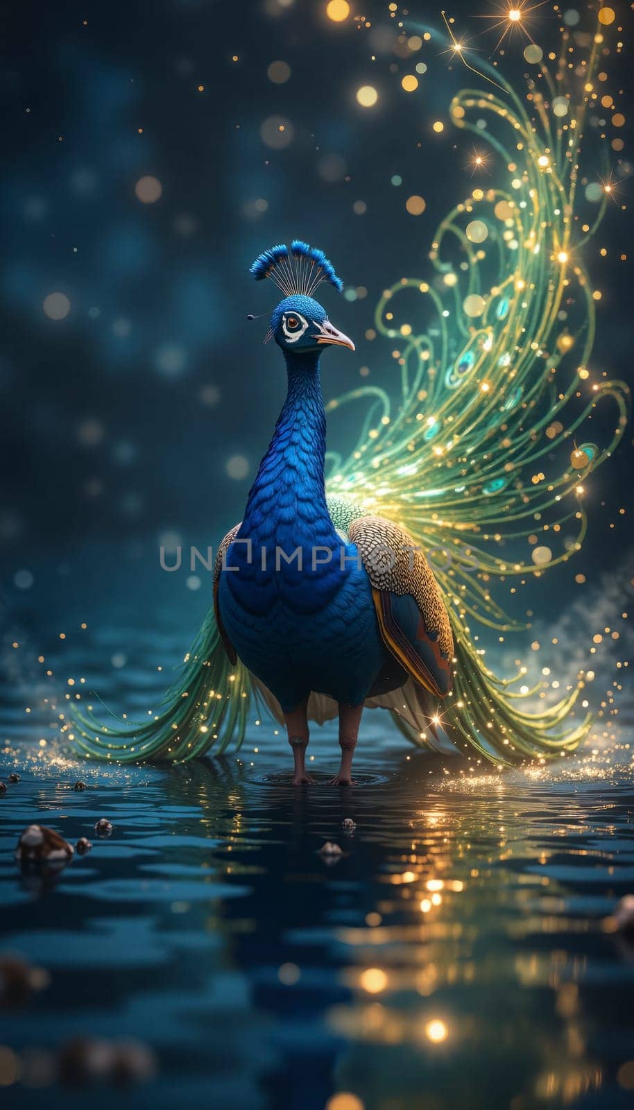 A peacock is standing in a body of water with a glowing
