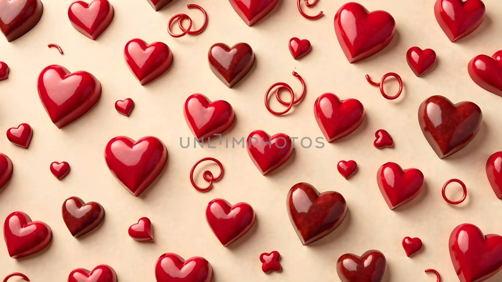 A playful and sweet photo of heart-shaped chocolates, candies, and swirling caramel ribbons, symmetrically arranged on a soft cream or light brown background. High quality photo