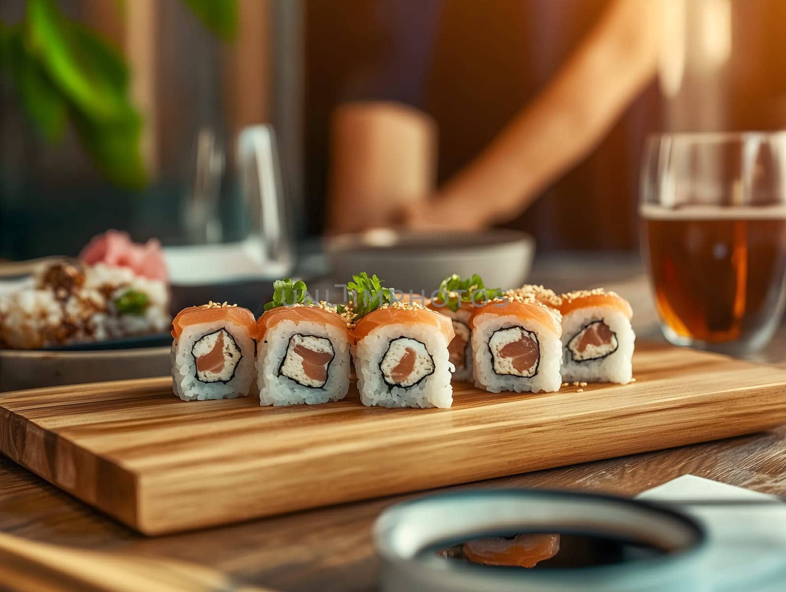 A delicious set of fresh salmon sushi rolls is elegantly arranged on a wooden board in a cozy restaurant setting. The warm lighting and background elements create an inviting dining experience.