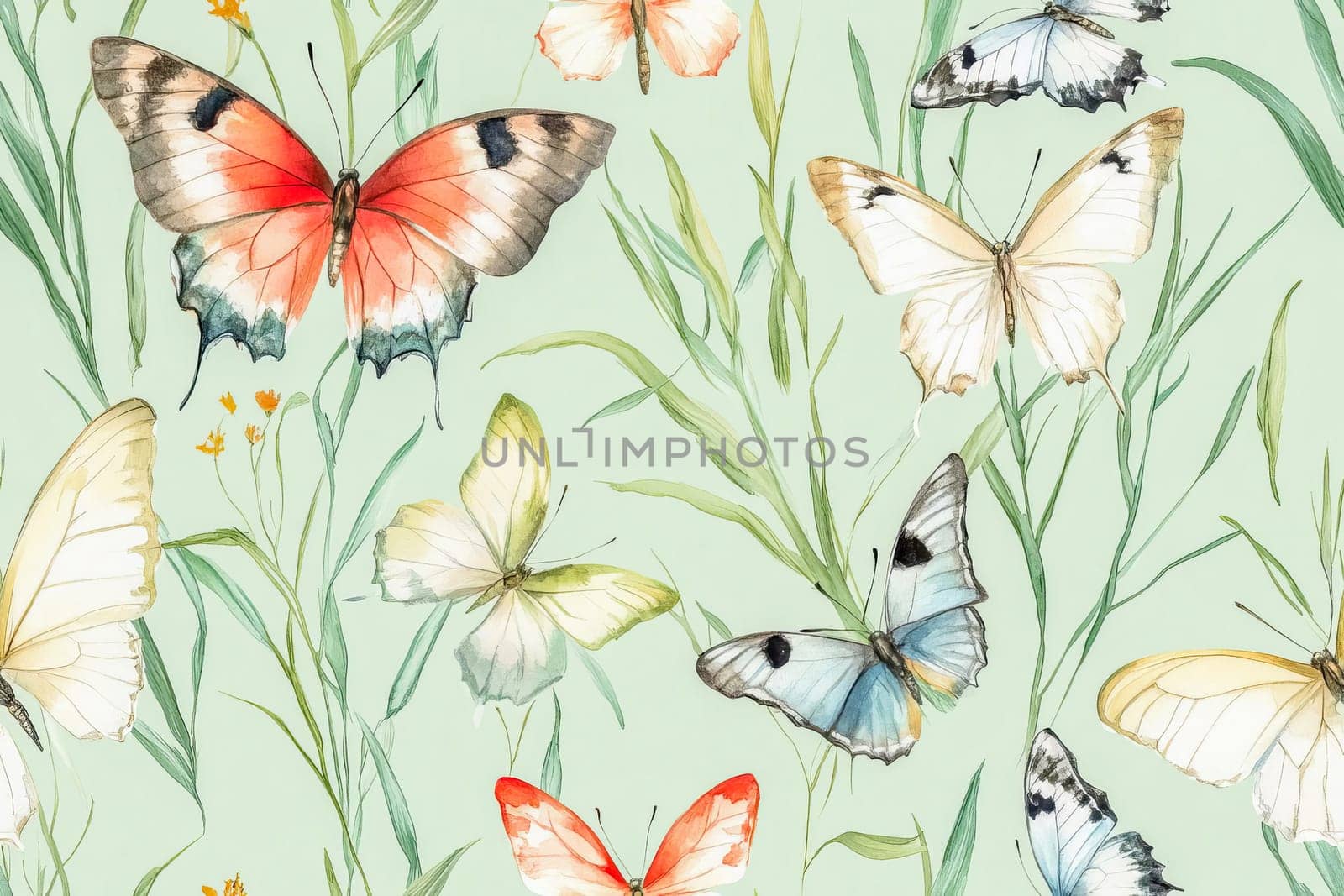 Seamless pattern of natural design with bright butterflies among delicate greenery of spring meadow with wild flowers. AI generated.