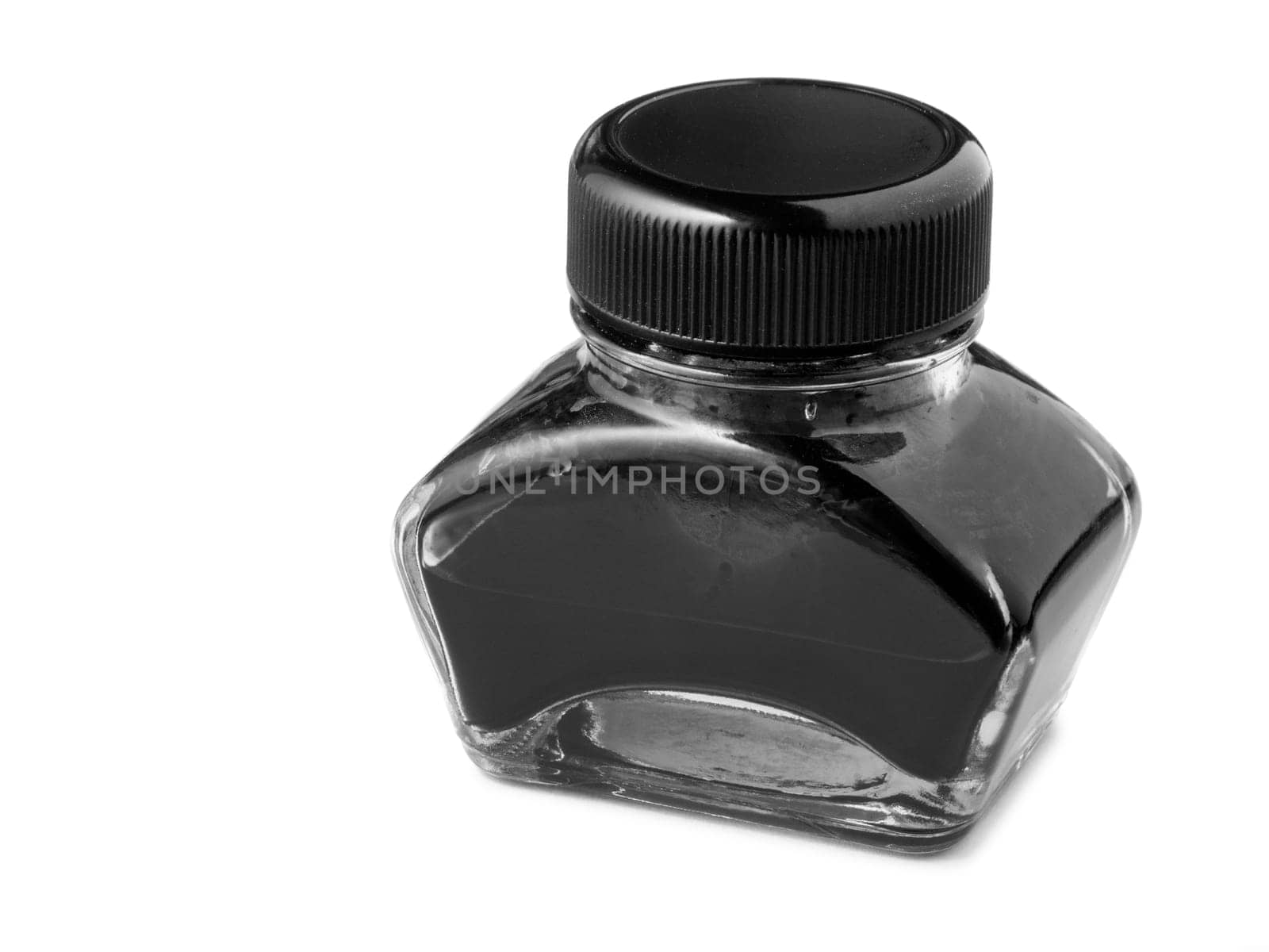 Closeup view of a closed inkwell with screw cap isolated on white with light drop shadows monochrome.