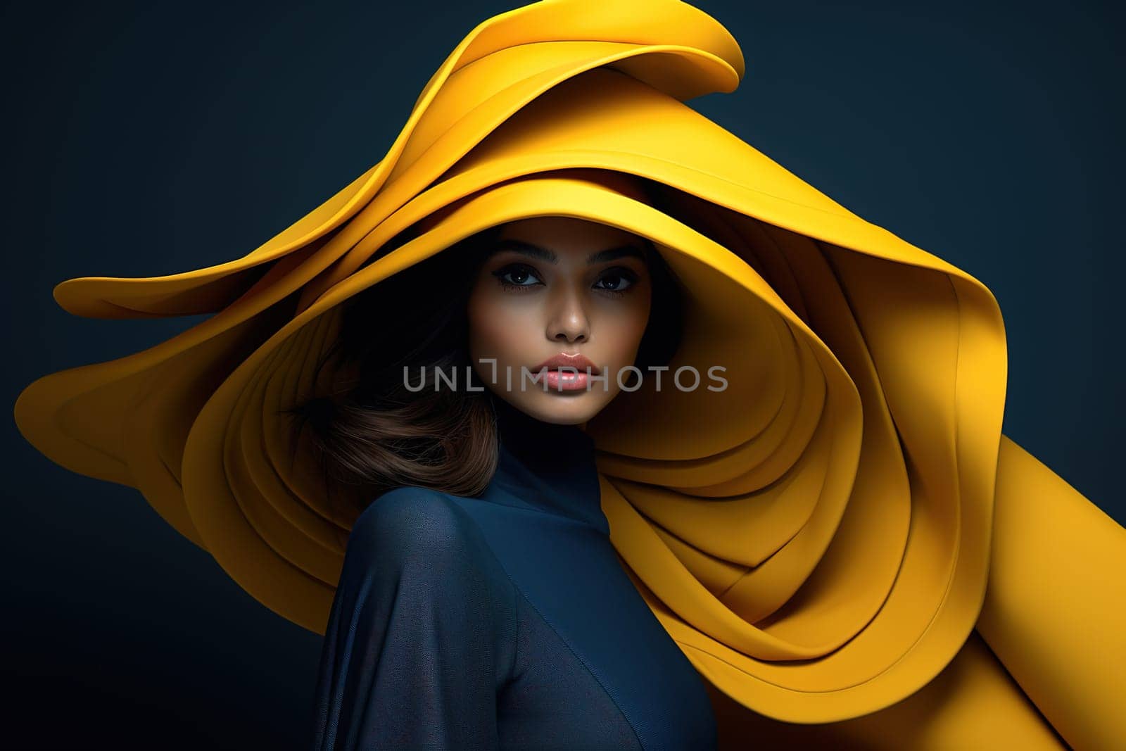 Portrait of a chic African-American woman in a stylish blue dress and a huge yellow hat. High quality photo