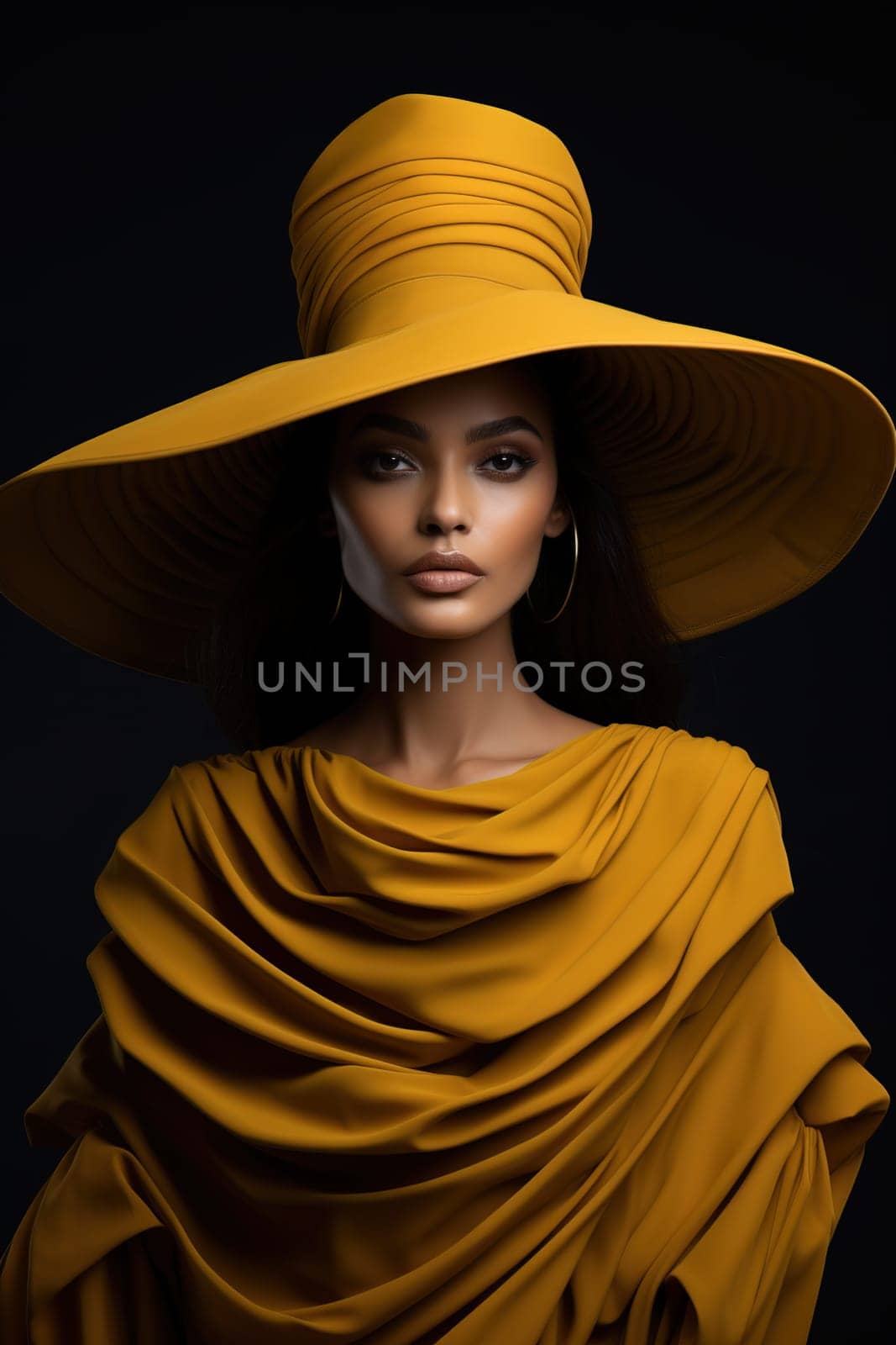 Portrait of a chic African-American woman in a stylish yellow dress and a huge yellow hat. by Yurich32