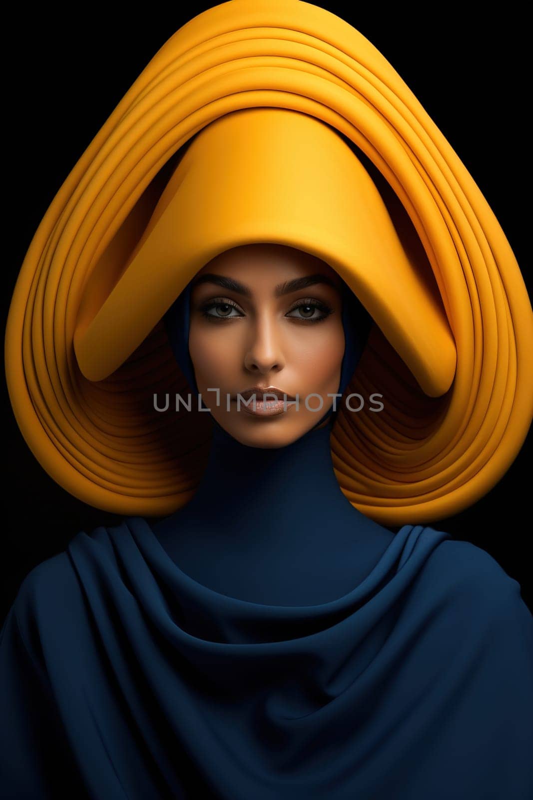 Portrait of a chic African-American woman in a stylish blue dress and a huge yellow hat. by Yurich32