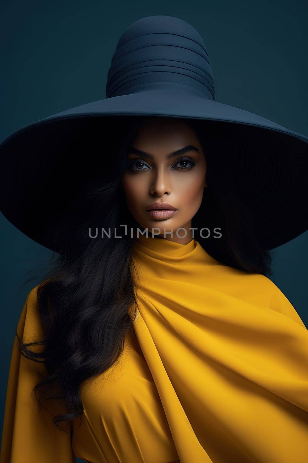 Portrait of a chic African-American woman in a stylish yellow dress and a huge blue hat. by Yurich32