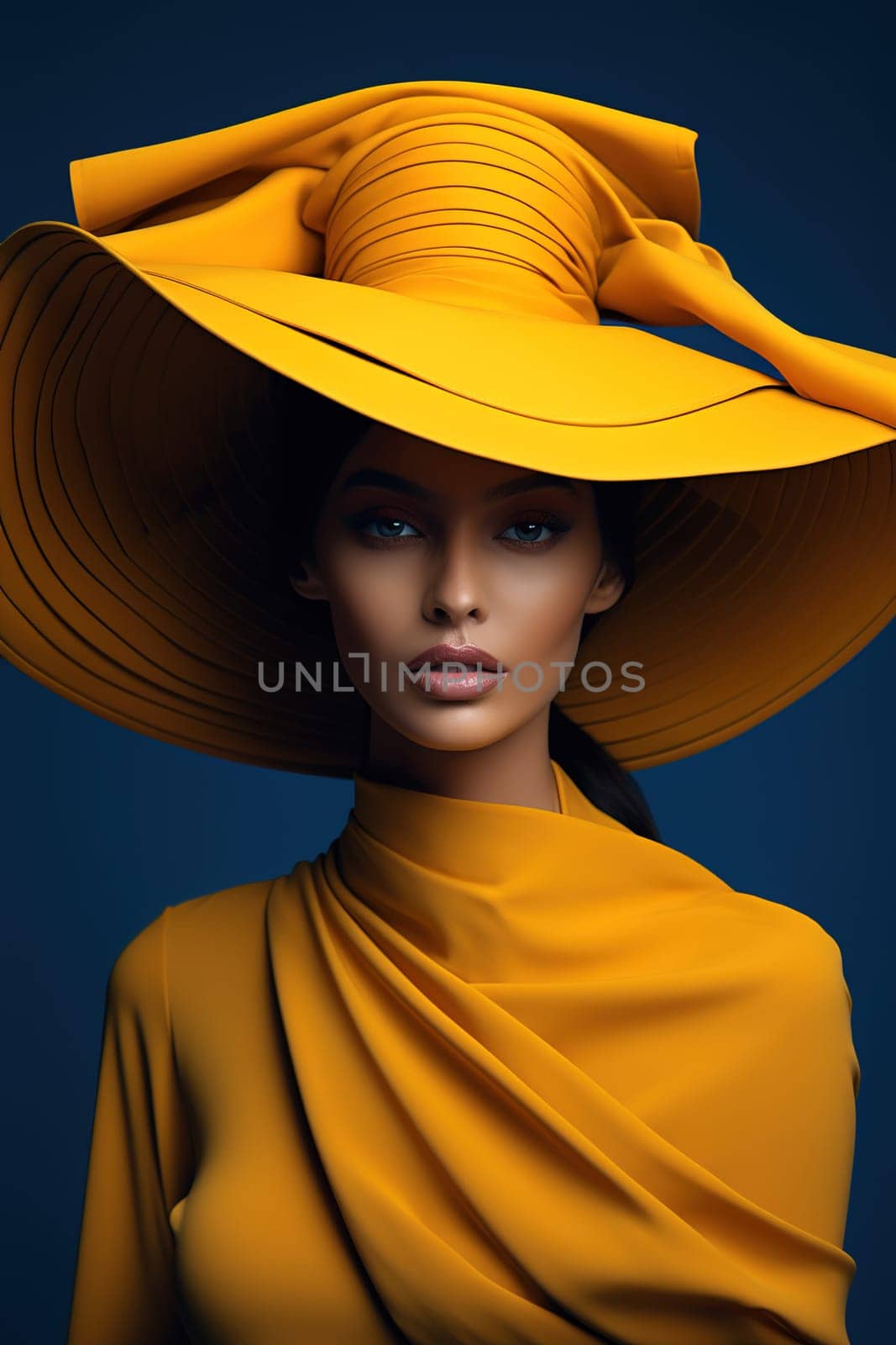 Portrait of a chic African-American woman in a stylish yellow dress and a huge yellow hat. High quality photo