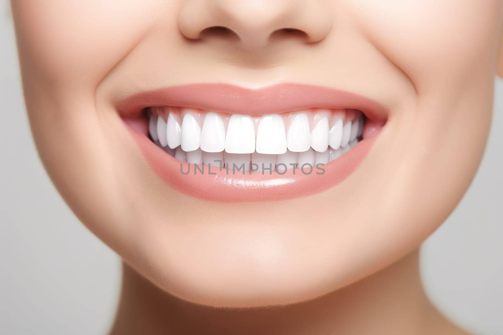 Snow-white smile of a woman. Demonstration of healthy teeth. by Yurich32