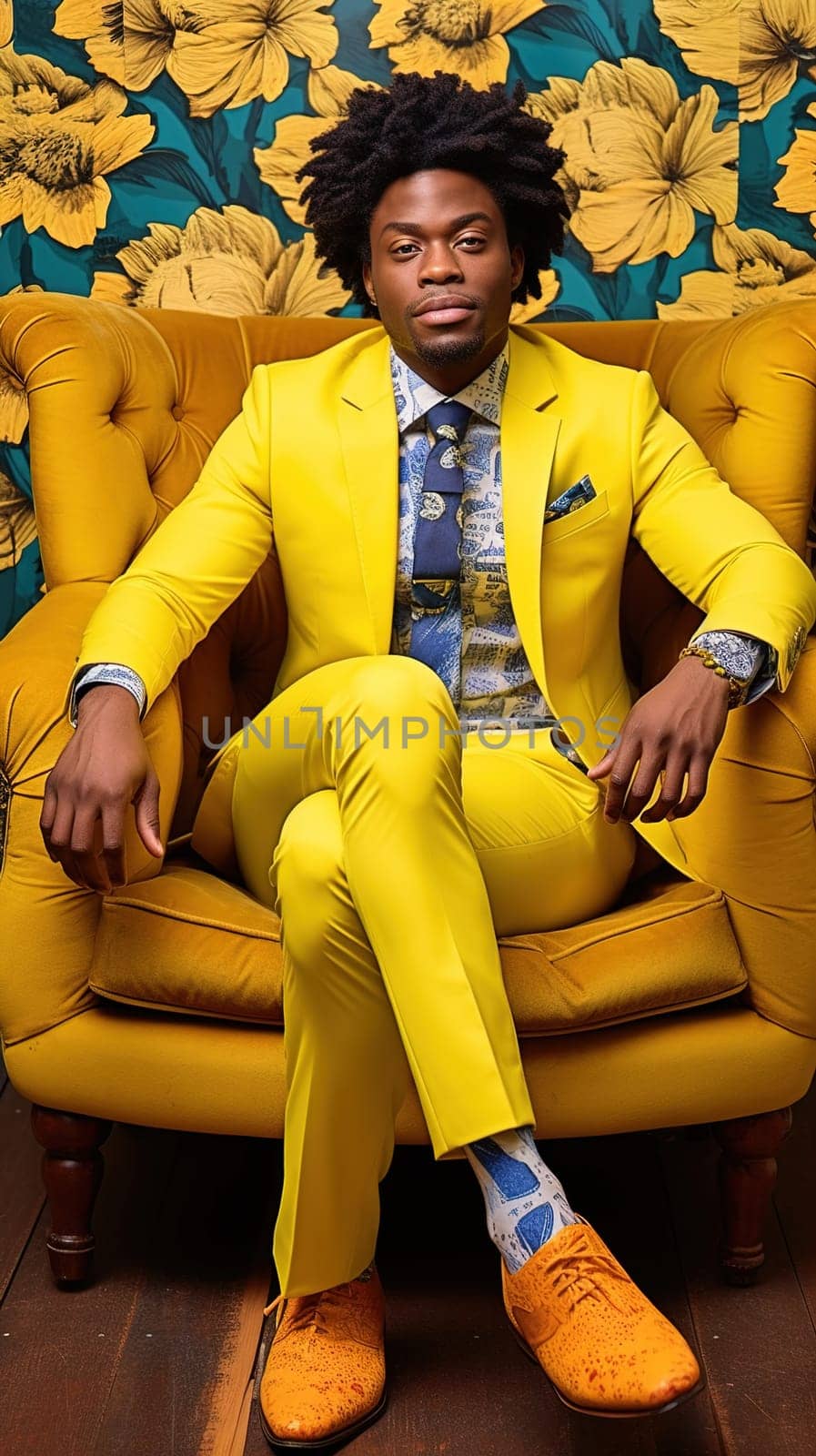 Stylish African-American man in a luxurious yellow suit. High quality photo