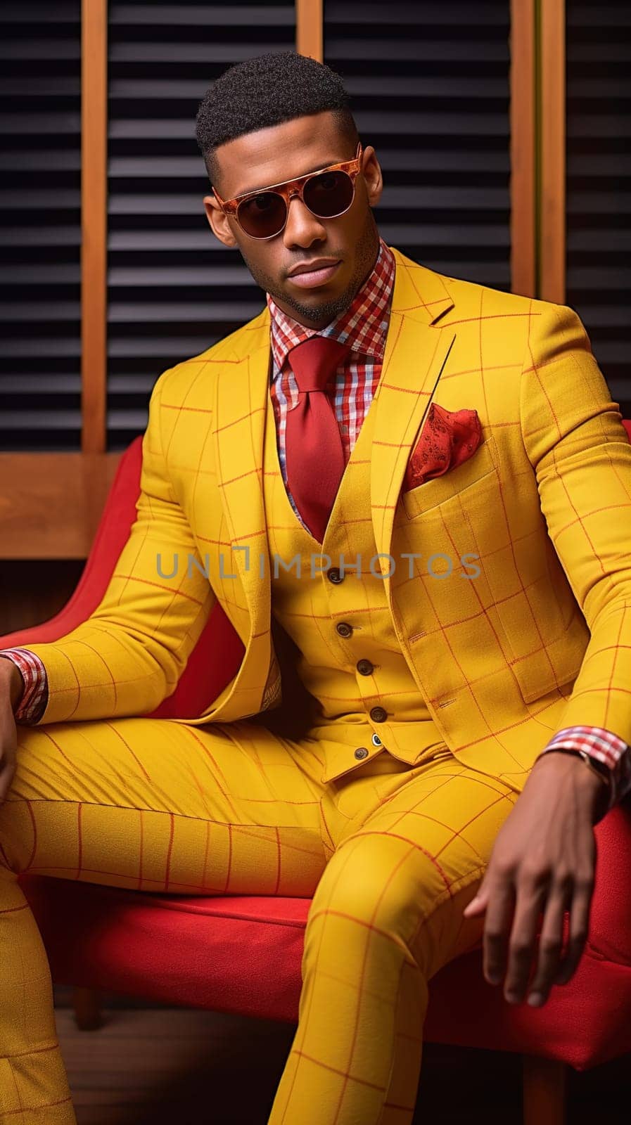 Stylish African-American man in a luxurious yellow suit. High quality photo