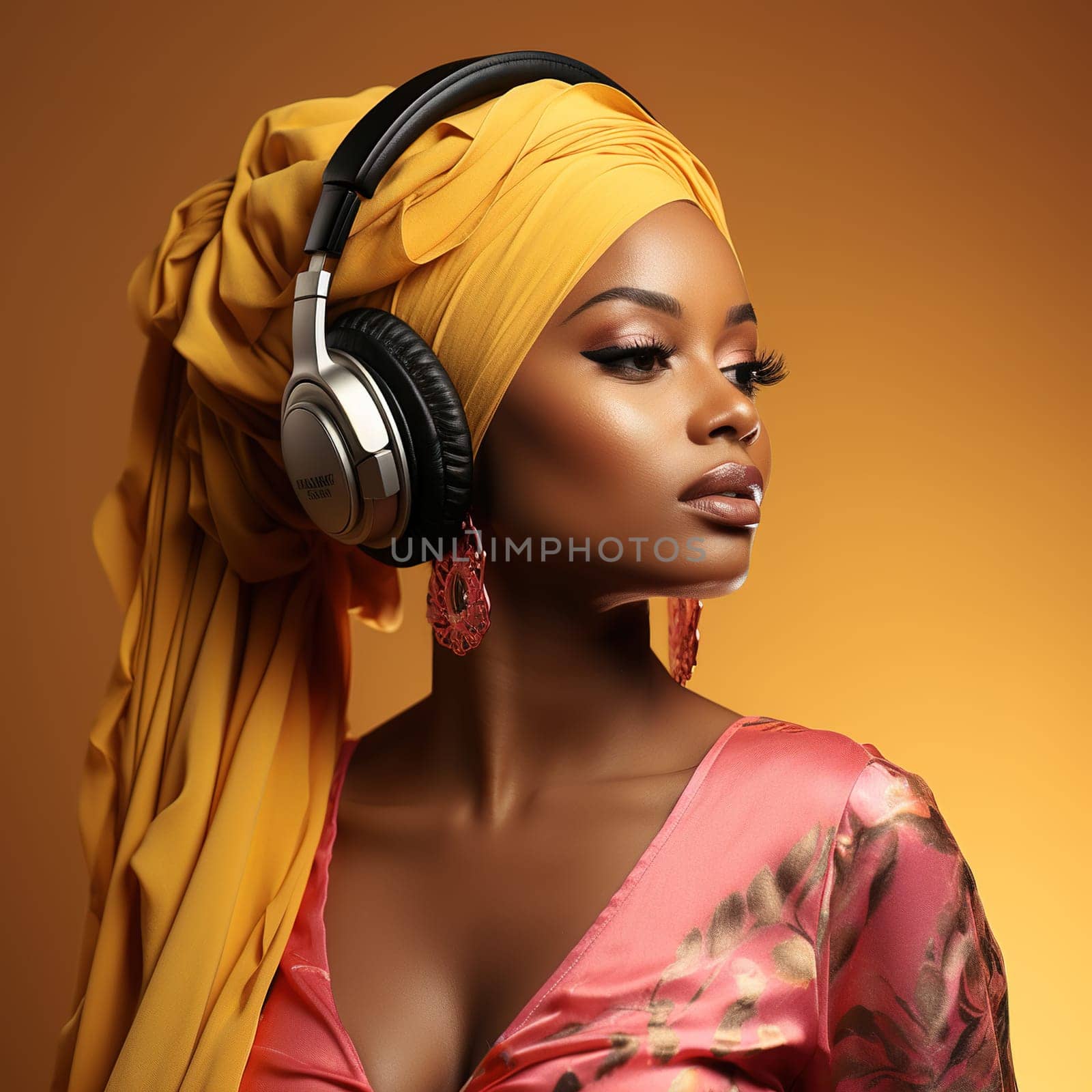 Beautiful African-American woman in a turban and headphones listening to music. by Yurich32