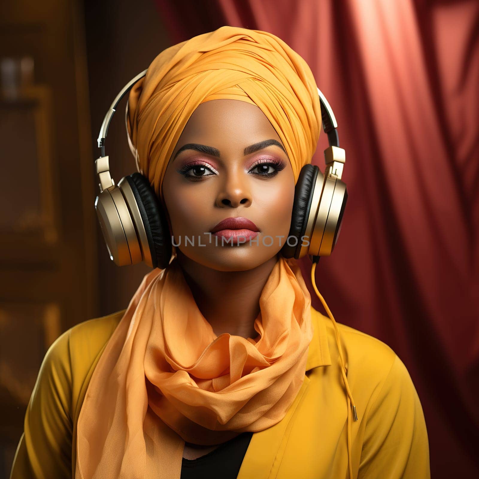 Beautiful African-American woman in a turban and headphones listening to music. High quality photo