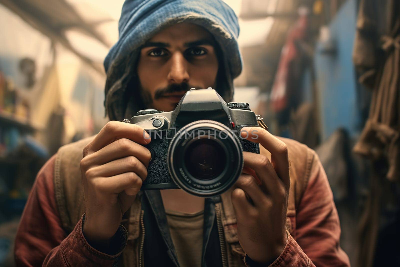 Arab man with a camera takes pictures on the street. High quality photo