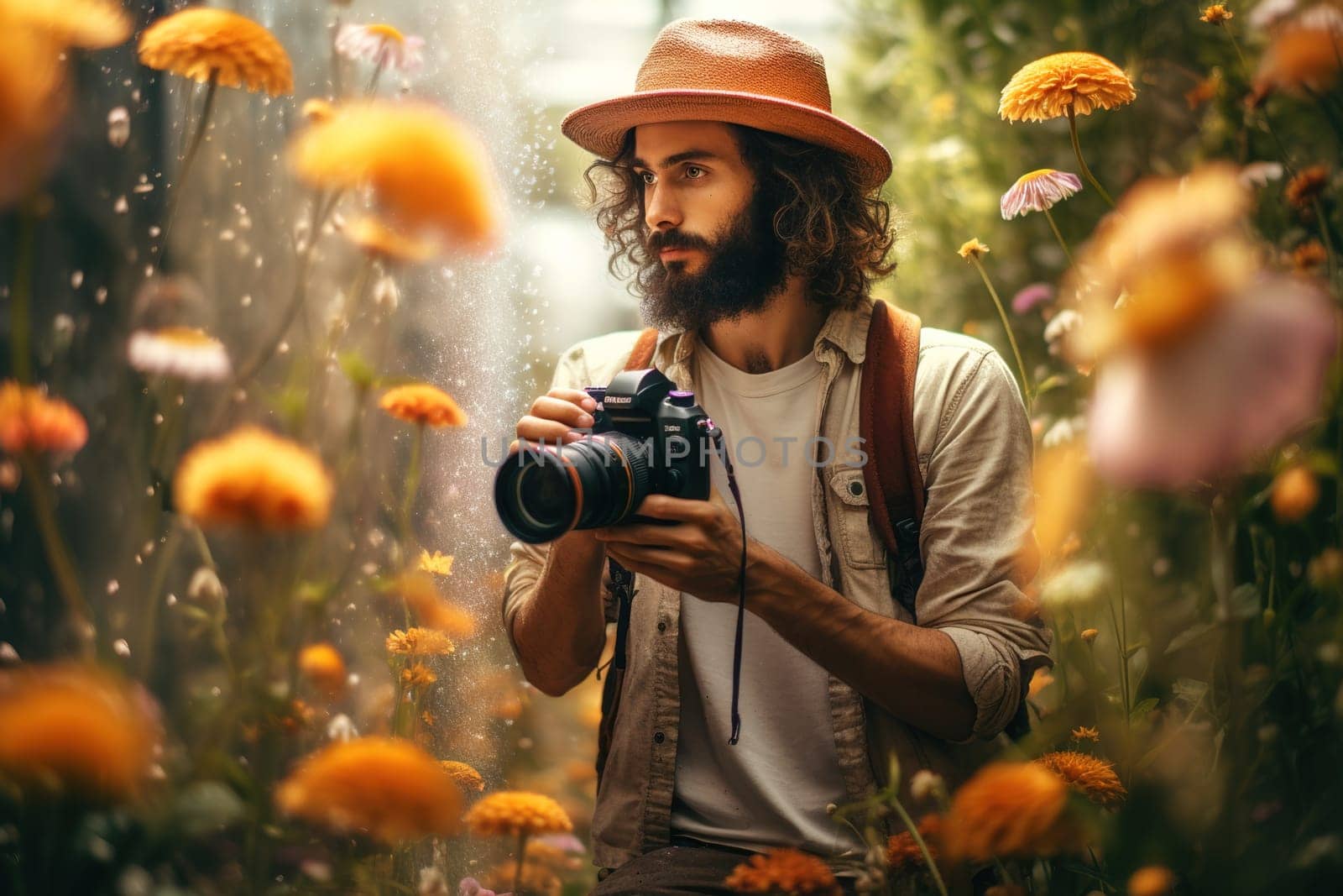 A man with a beard photographs flowers with a camera in the forest. High quality photo