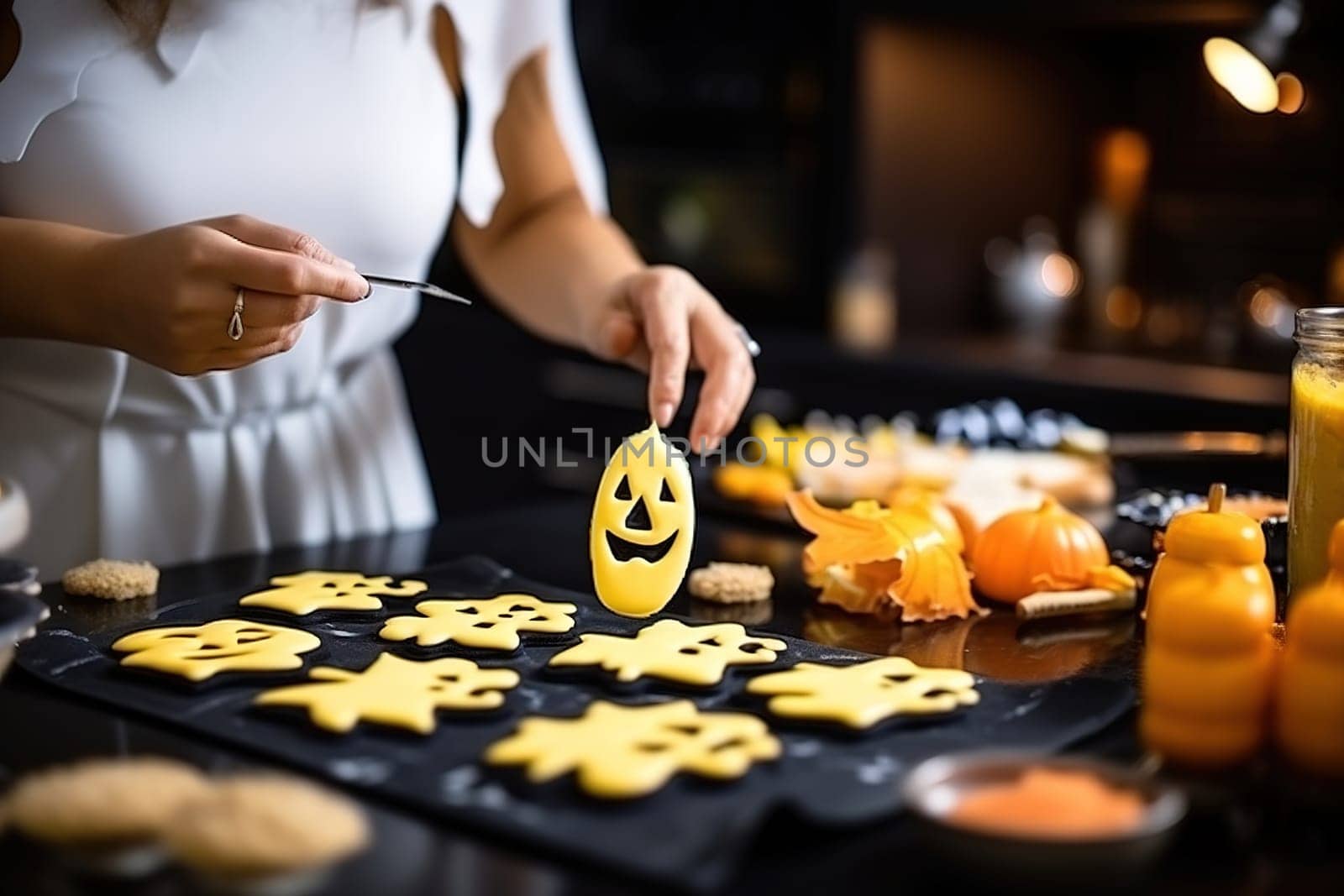 A woman bakes handmade cookies for Halloween. High quality photo