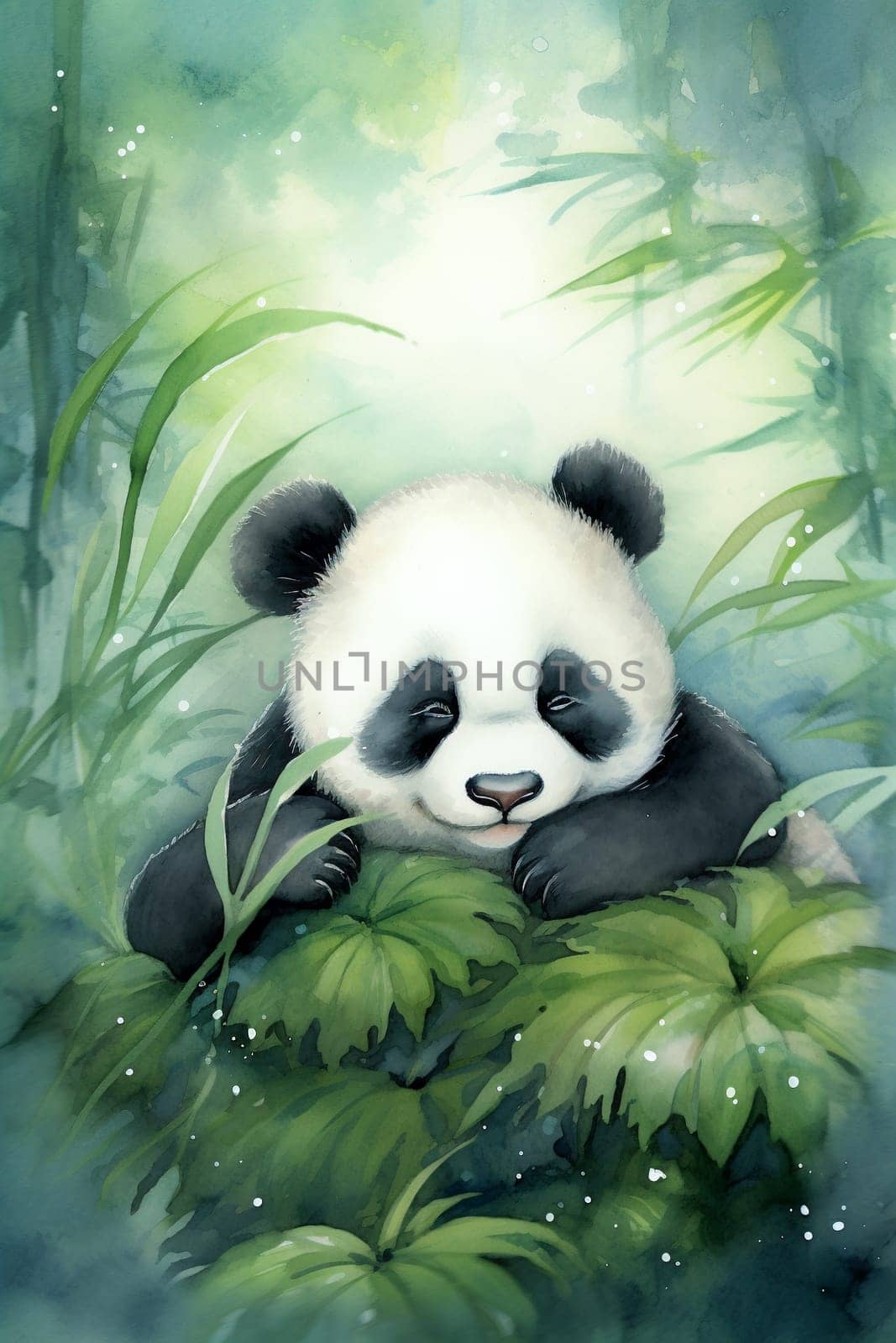an illustration of a panda in leafy green forest - AI generative