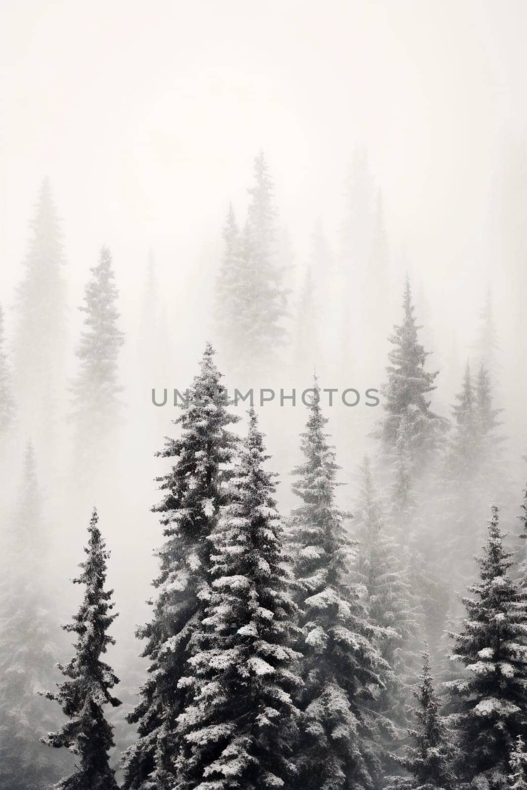 Pine trees in the fog - dark forest with dramatic light - generative AI by chrisroll