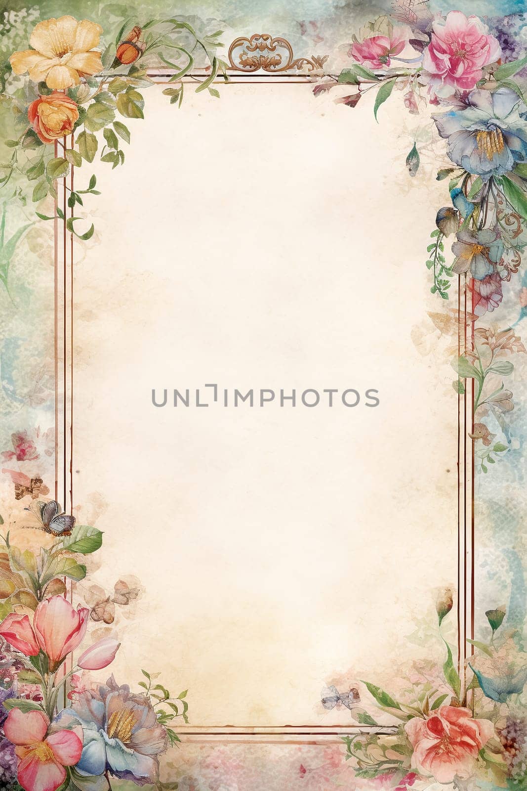 vintage antique old frame with flowers - AI generative