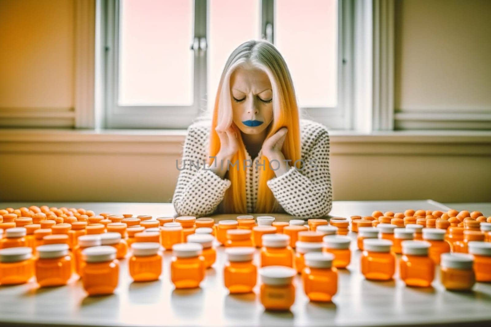 woman tired and stressed with group of multi colored medicine illustration