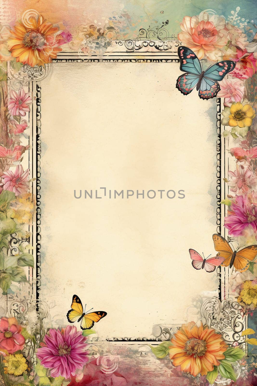 vintage antique old frame with flowers and butterfly - AI generative