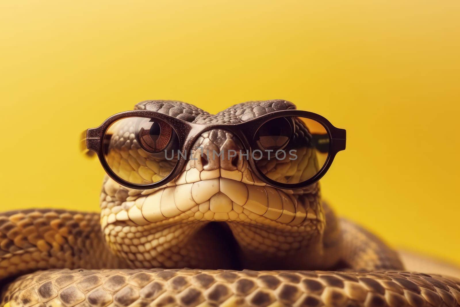 A chic and hip snake in sunglasses, a unique accessory in the wild. With its eyes, skin, and pattern, a symbol of trendy fashion and exotic beauty. AI Generative.