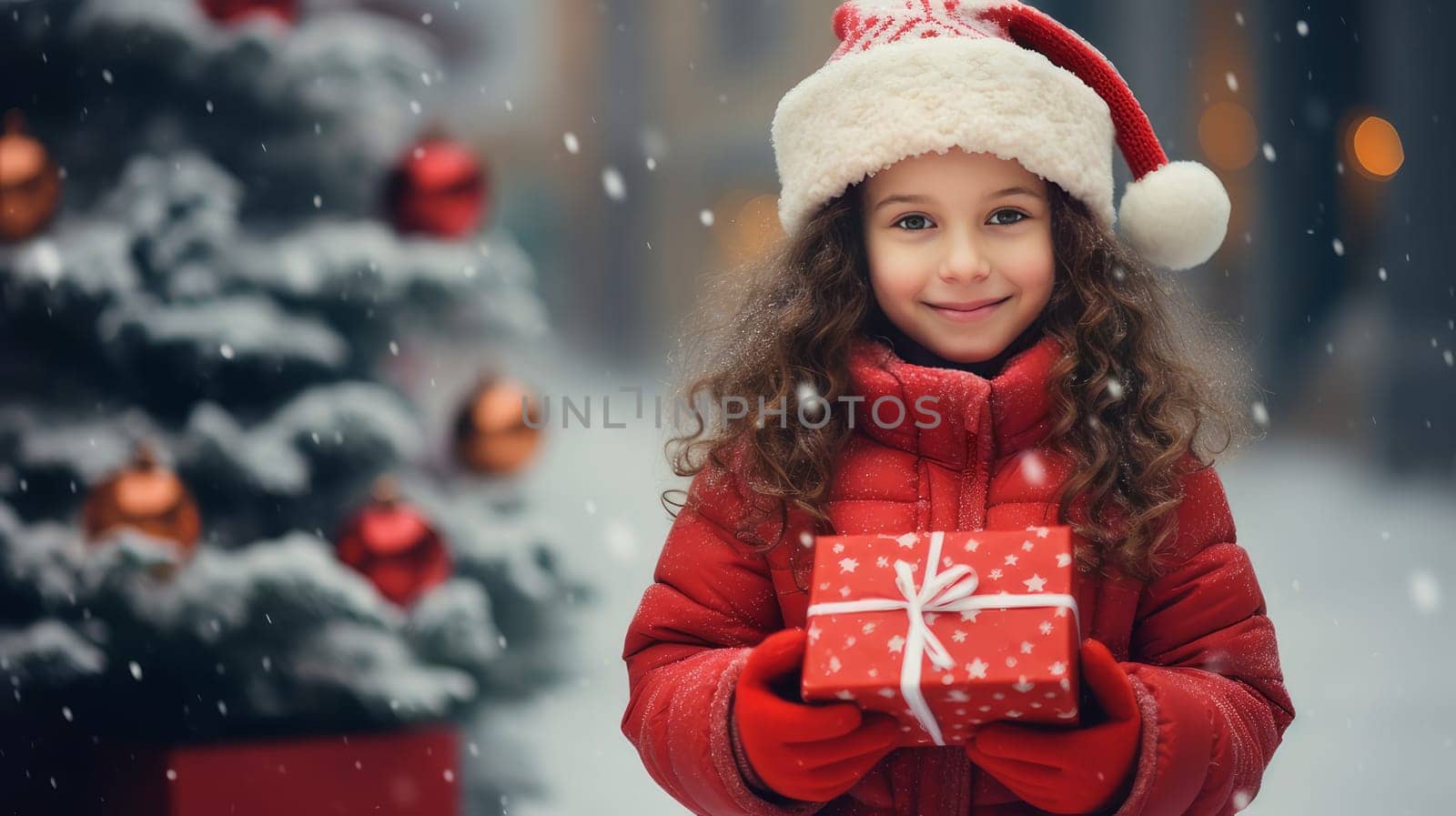 Pretty smiling girl, child in red jacket and hat holding Christmas gifts while standing against background of decorated Christmas tree outdoors on snowy day of winter holidays.