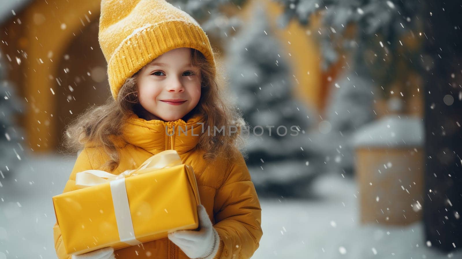 Pretty smiling girl holding Christmas gifts while standing against background of decorated Christmas tree outdoors wearing yellow outerwear on snowy winter holiday day.