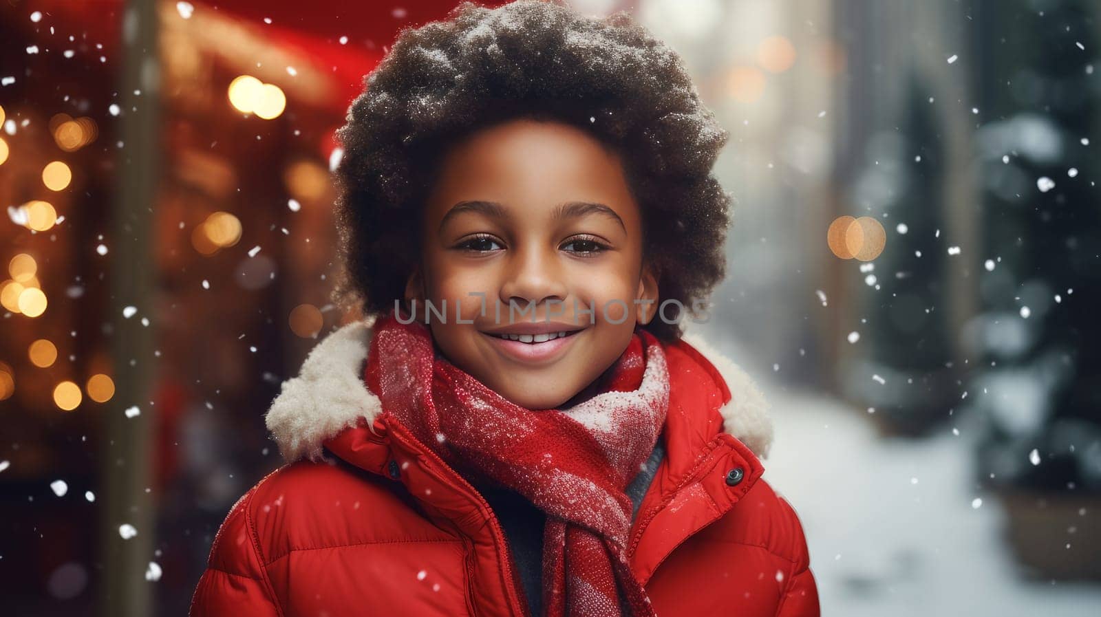 Pretty smiling african american child, boy in red jacket and hat holding christmas gifts while standing against background of decorated christmas tree outdoors.