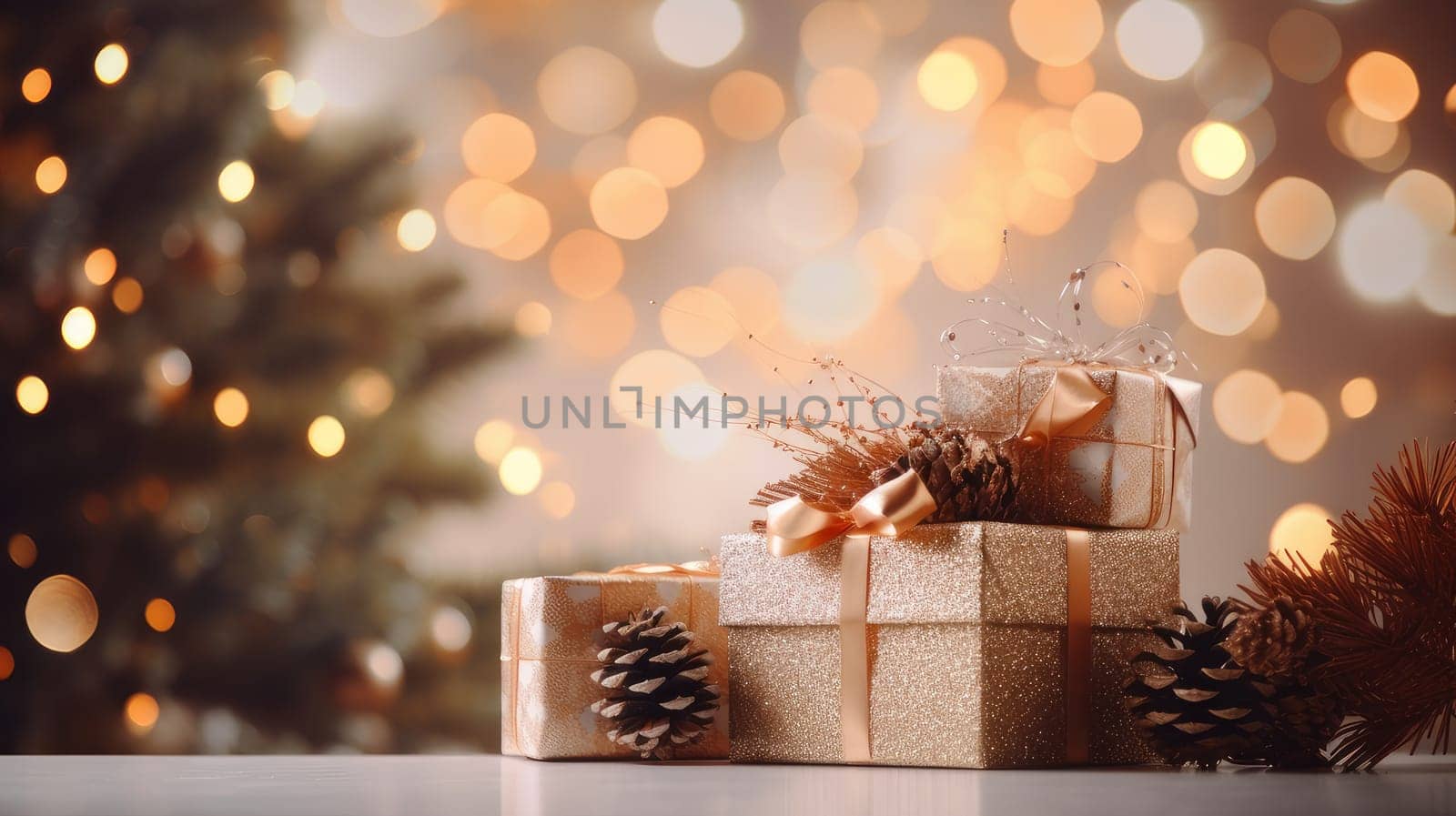 Wrapped gift with balls and pine cones on festive Christmas bokeh background with copy space by Alla_Yurtayeva