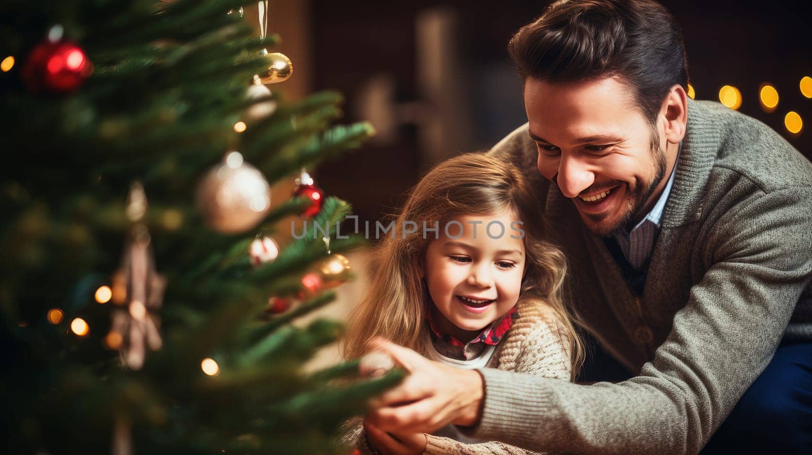 Happy child decorating Christmas tree with New Year's toys together with parents at home.