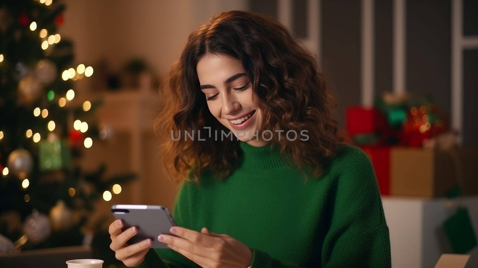 Young woman in green sweater orders New Year's gifts during Christmas holidays at home using smartphone and credit card.