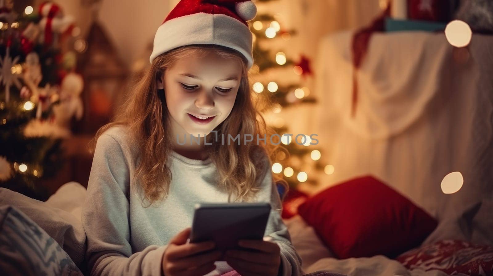 Young woman in a white sweater orders New Year's gifts during the Christmas holidays at home, using a smartphone and a credit card