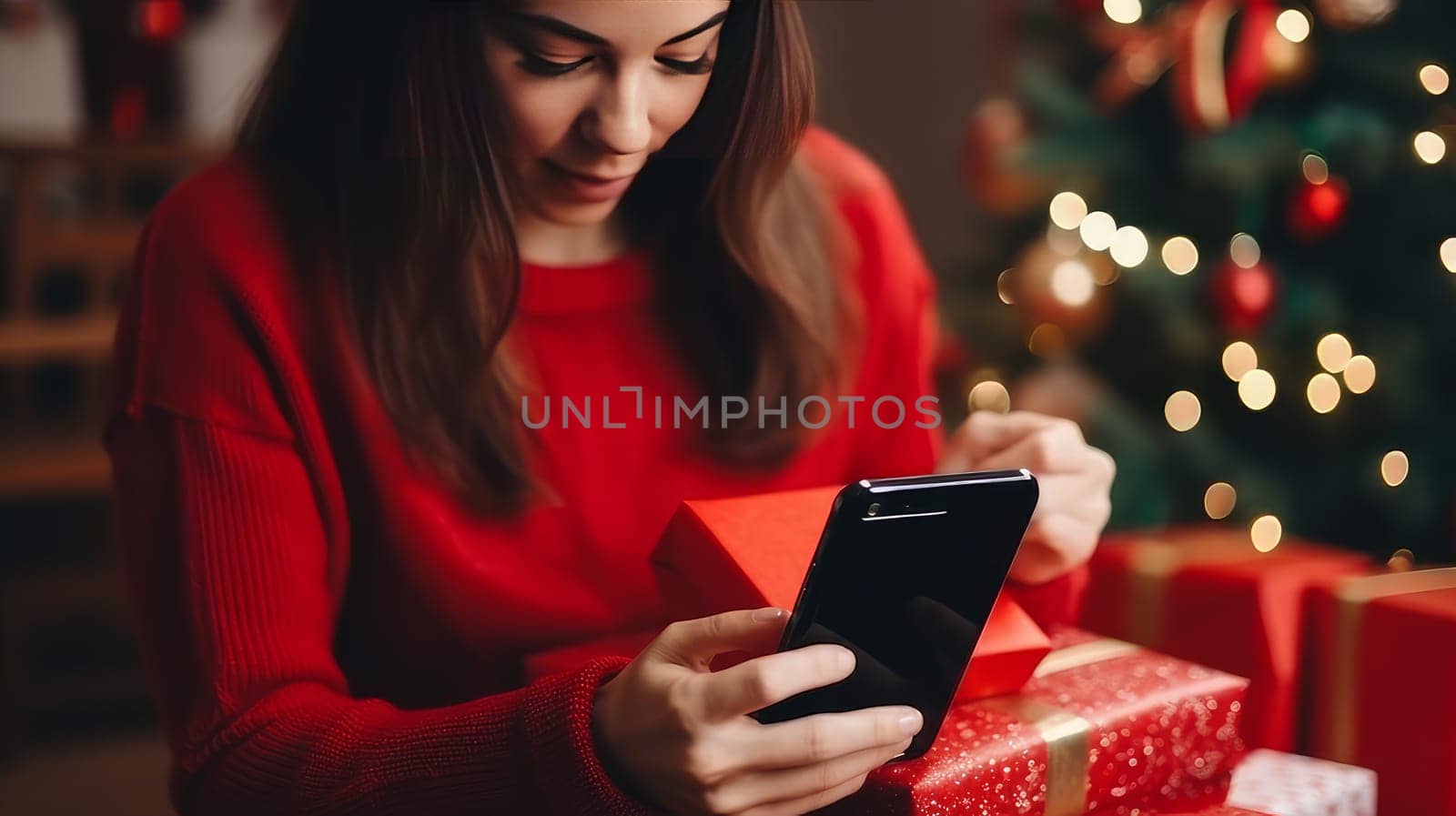 Young woman in a red sweater orders New Year's gifts during the Christmas holidays at home, using a smartphone and a credit card