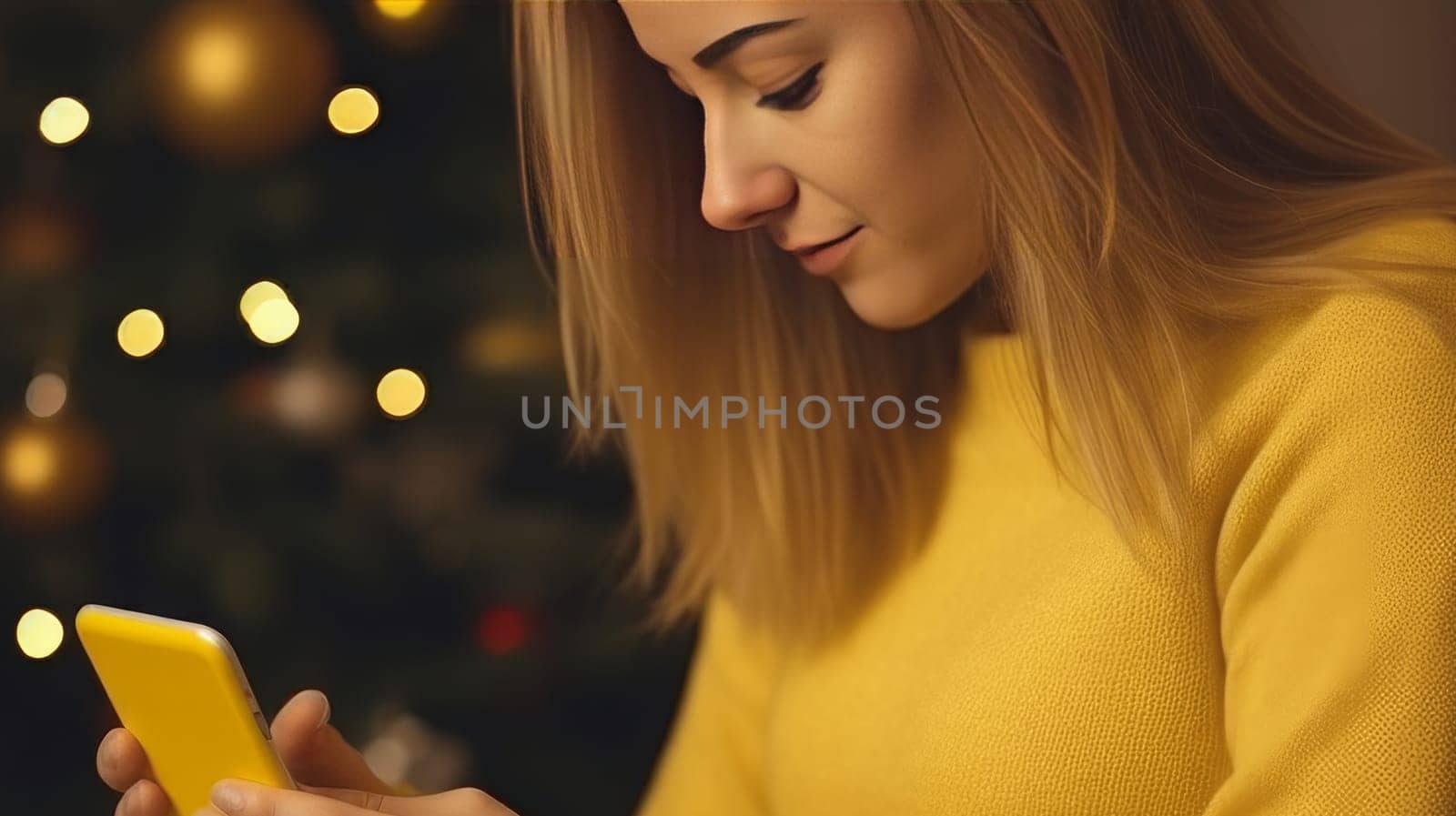 Young woman in yellow sweater orders New Year gifts during Christmas holidays at home using smartphone and credit card.