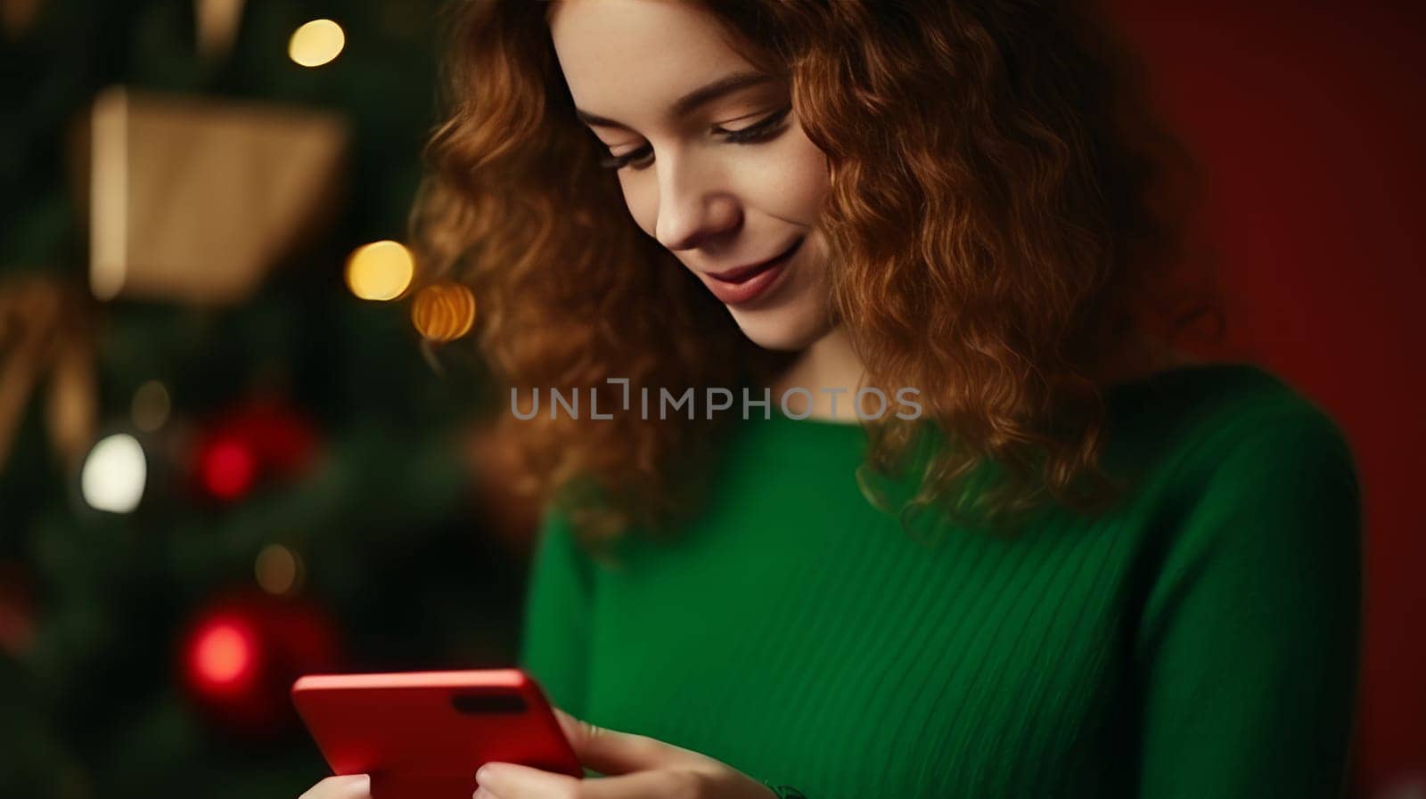 Young woman in green sweater orders New Year's gifts during Christmas holidays at home using smartphone and credit card.