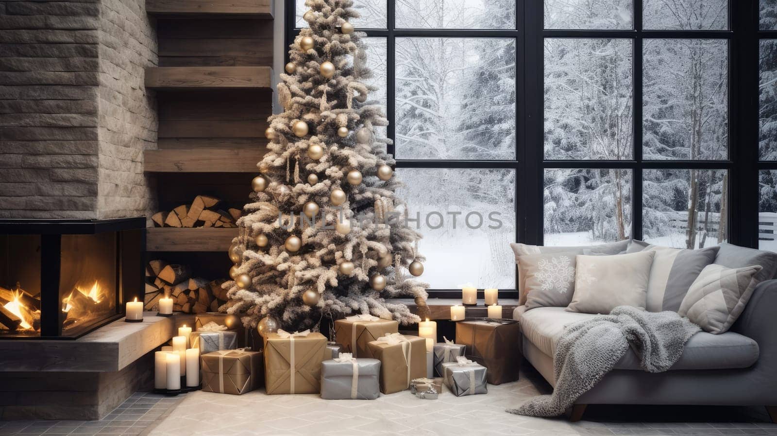 Spacious living room with a large Christmas tree and a bunch of Christmas gifts