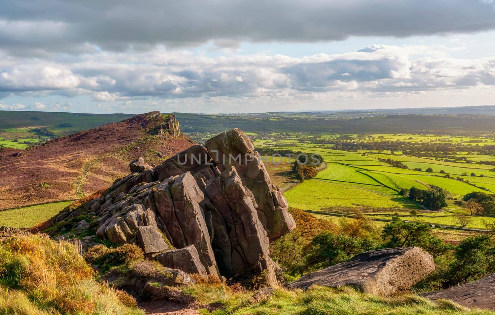 Usual rural England landscape in Yorkshire. Amazing view in the national park Peak District on a sunny day in Autumn