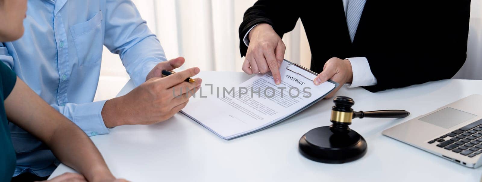 Couples file for divorcing and seek assistance from law firm to divide property after breakup. Obligations contract assist by lawyer in negotiating settlement agreement meeting. Panorama Rigid