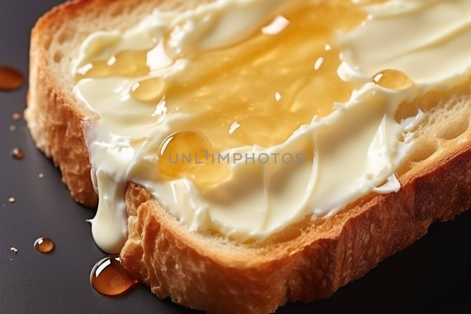 Toast with melted butter and a drizzle of honey. Generated by artificial intelligence