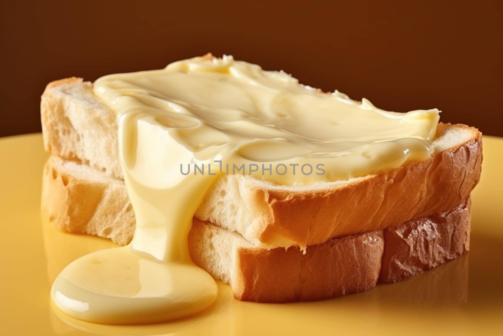 Toast with melted cheese on yellow background. Generated by artificial intelligence