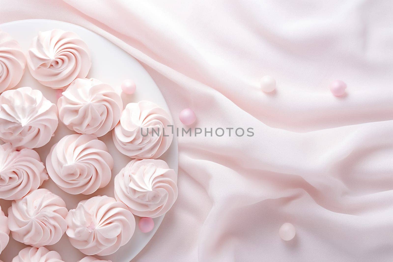 Small pink meringues in a white dish. Candy bar. Top view. Generated by artificial intelligence